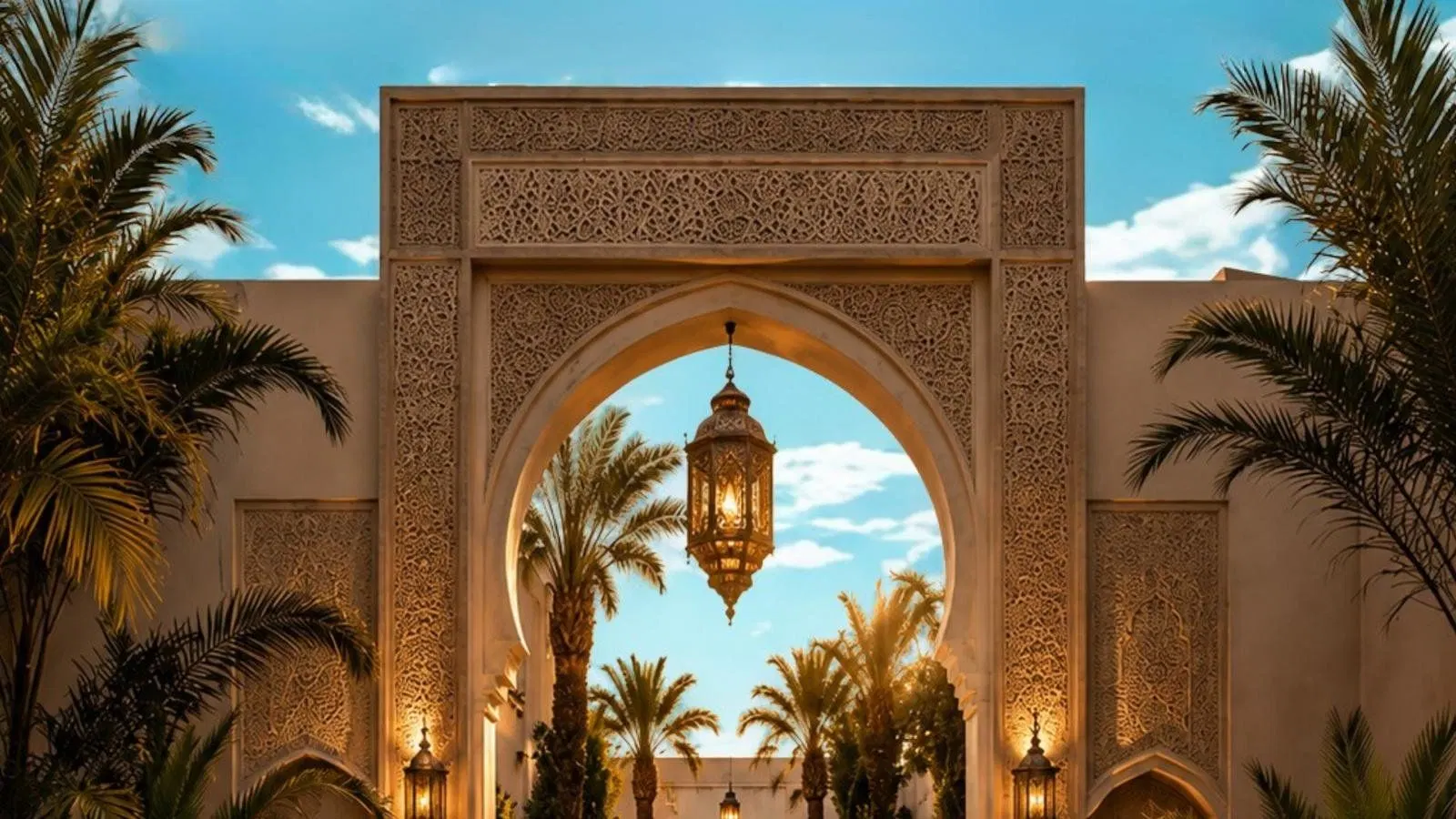 Luxury Moroccan riad courtyard at golden hour in Marrakech